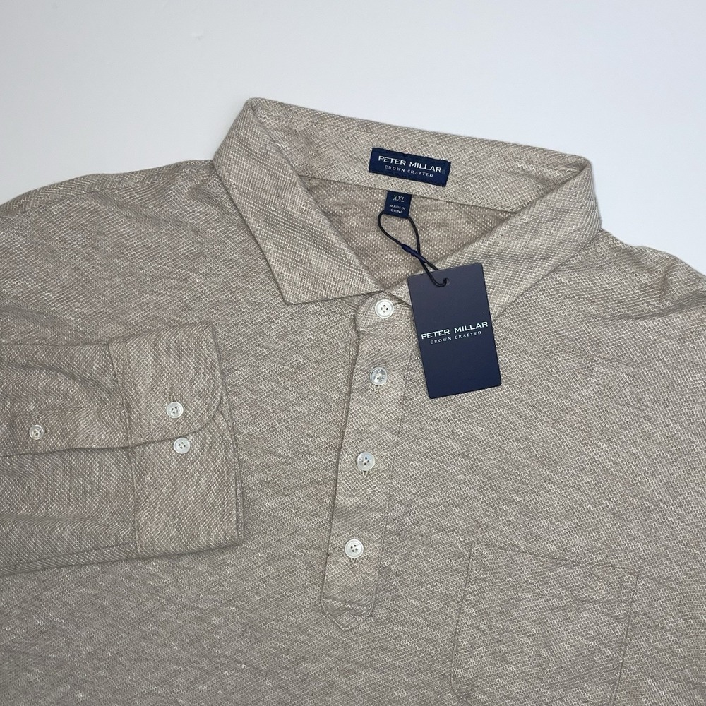 NEW Peter Millar Croxley Polo Shirt XXL L/S Truffle Beige Linen Blend Tailored